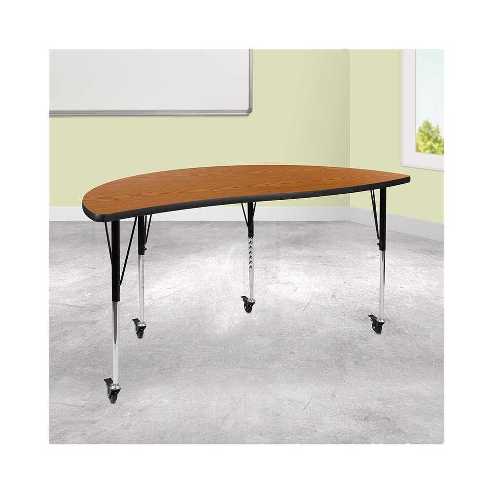Mobile 60" Half Circle Wave Collaborative Oak Thermal Laminate Activity Table - Standard Height Adjustable Legs