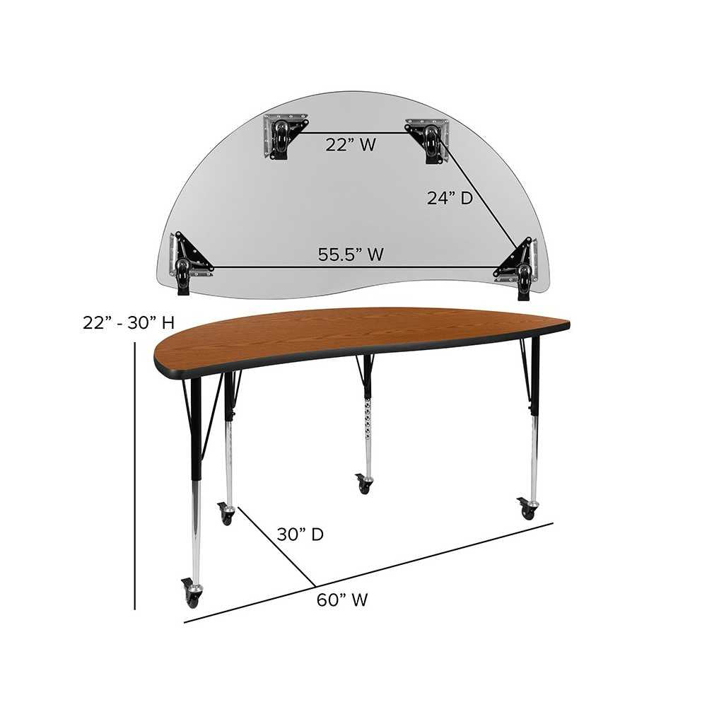 Mobile 60" Half Circle Wave Collaborative Oak Thermal Laminate Activity Table - Standard Height Adjustable Legs