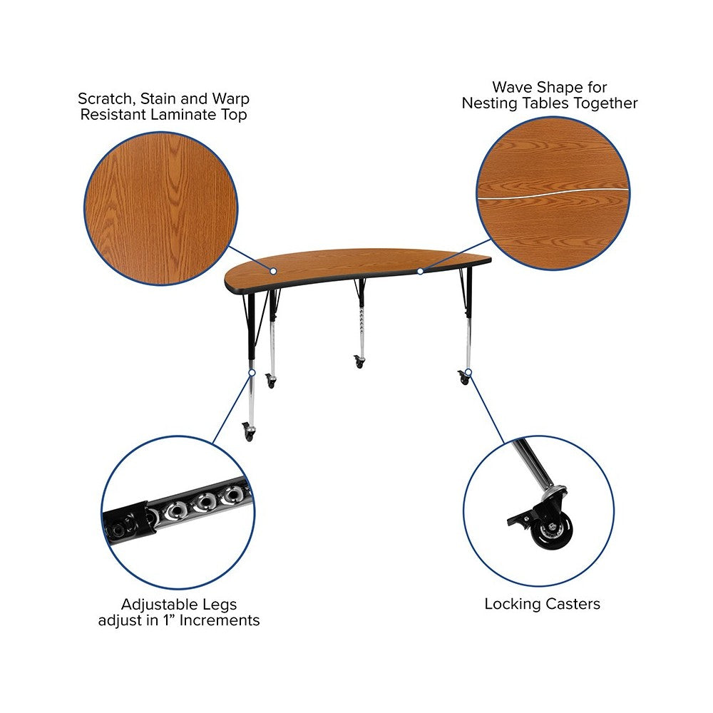 Mobile 60" Half Circle Wave Collaborative Oak Thermal Laminate Activity Table - Standard Height Adjustable Legs