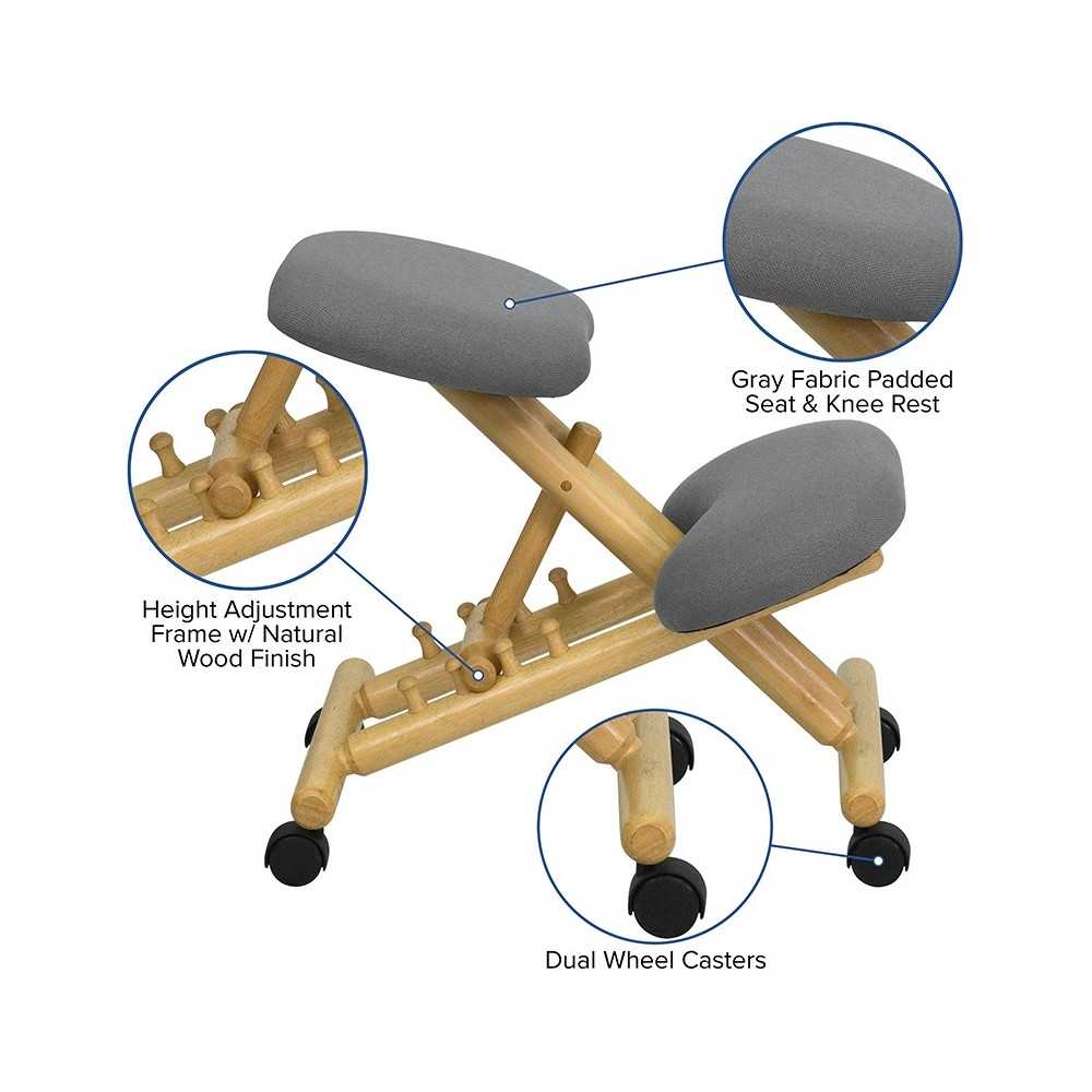 Mobile Wooden Ergonomic Kneeling Office Chair in Gray Fabric