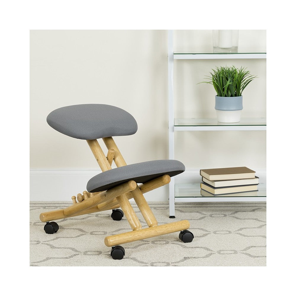 Mobile Wooden Ergonomic Kneeling Office Chair in Gray Fabric