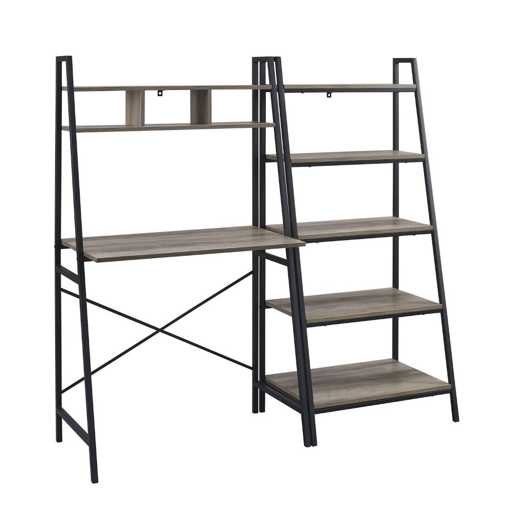 Modern 2-Piece Industrial Metal and Wood Desk and Bookshelf Set - Gray Wash