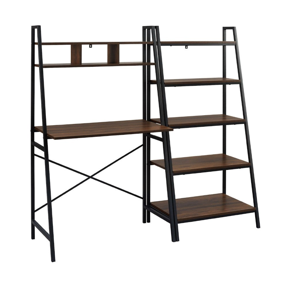 Modern 2-Piece Industrial Metal and Wood Desk and Bookshelf Set - Dark Walnut