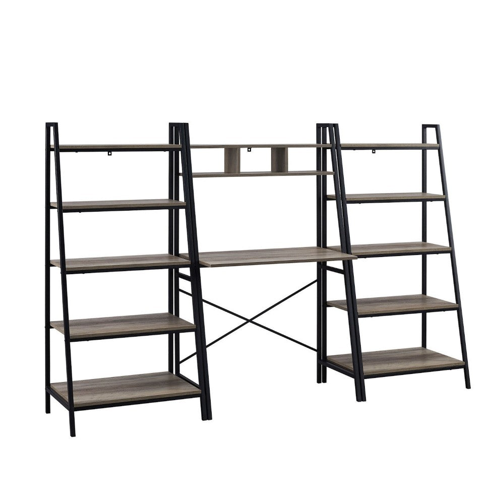 Modern 3-Piece Industrial Metal and Wood Desk and Bookshelf Set - Gray Wash