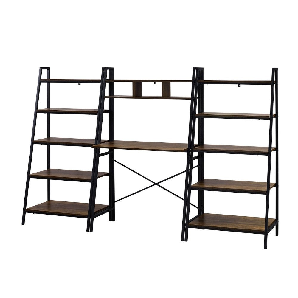 Modern 3-Piece Industrial Metal and Wood Desk and Bookshelf Set - Dark Walnut