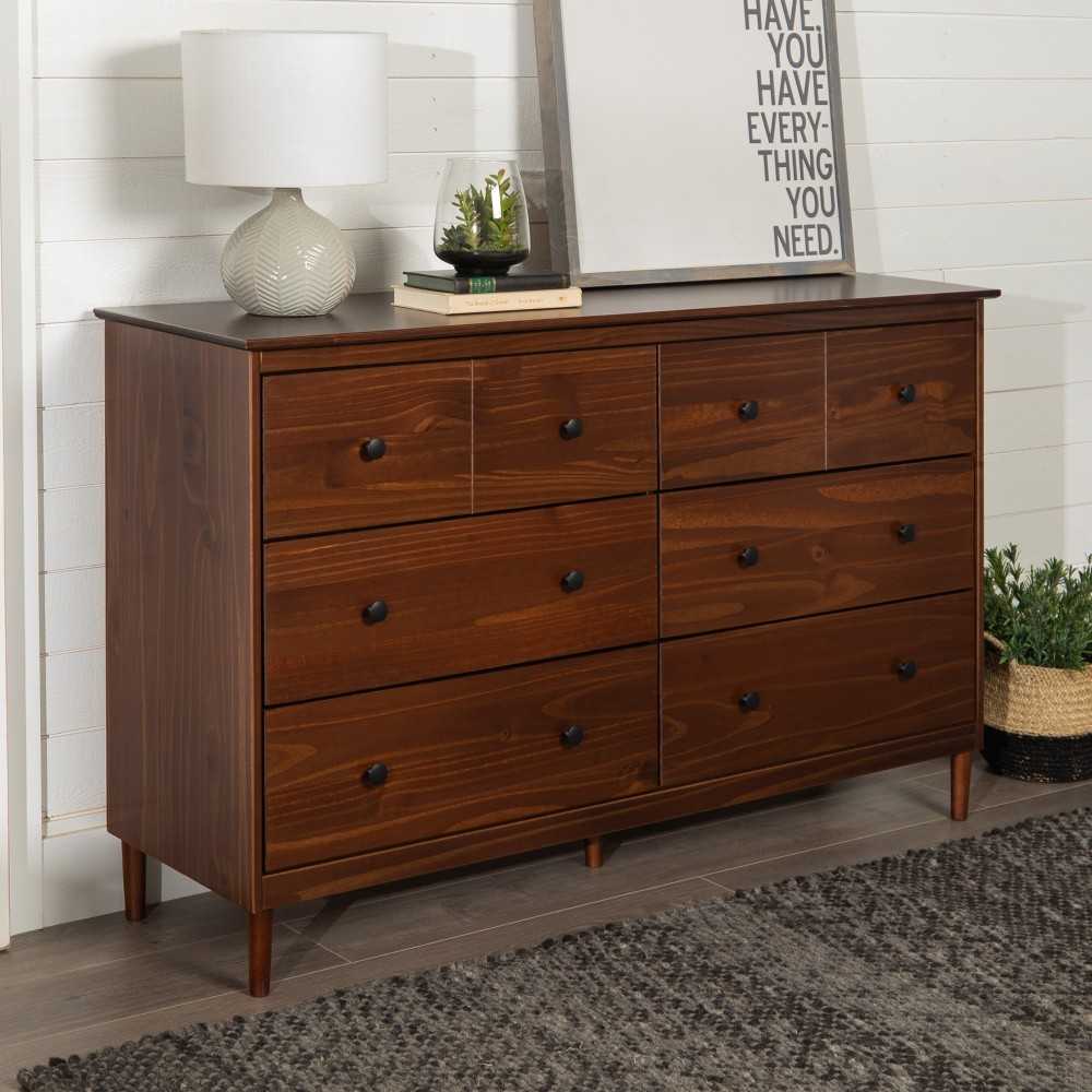 Modern 6 Drawer Solid Wood Dresser - Walnut
