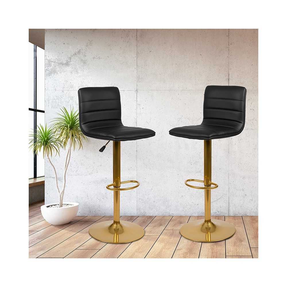 Modern Black Vinyl Adjustable Bar Stool with Back, Counter Height Swivel Stool with Gold Pedestal Base, Set of 2