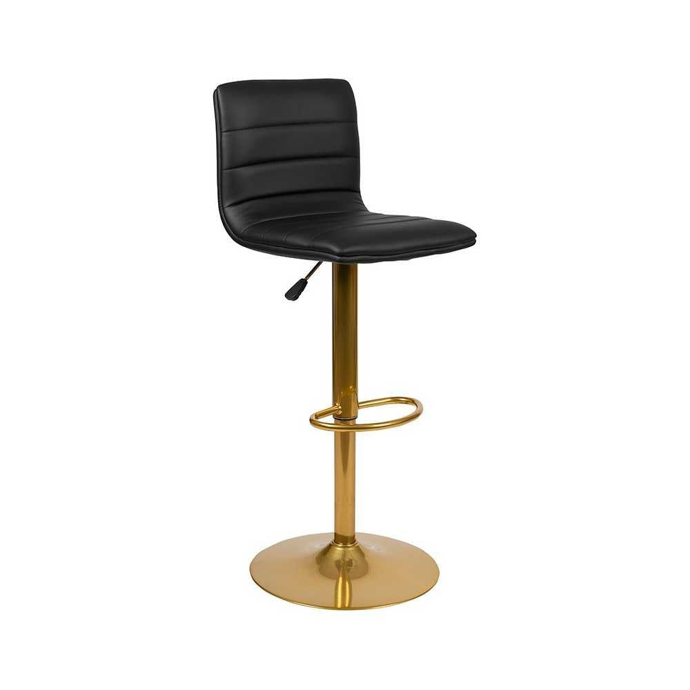 Modern Black Vinyl Adjustable Bar Stool with Back, Counter Height Swivel Stool with Gold Pedestal Base, Set of 2