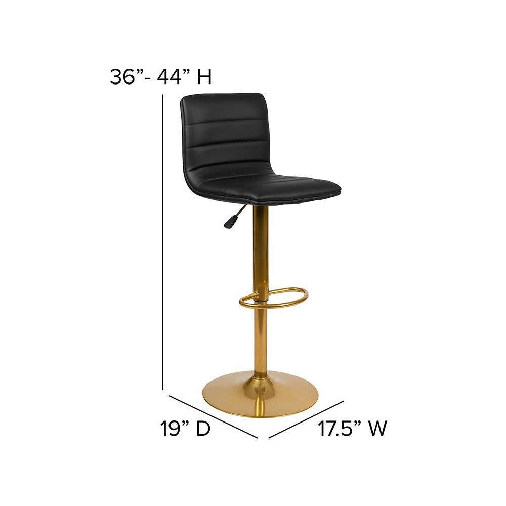 Modern Black Vinyl Adjustable Bar Stool with Back, Counter Height Swivel Stool with Gold Pedestal Base, Set of 2