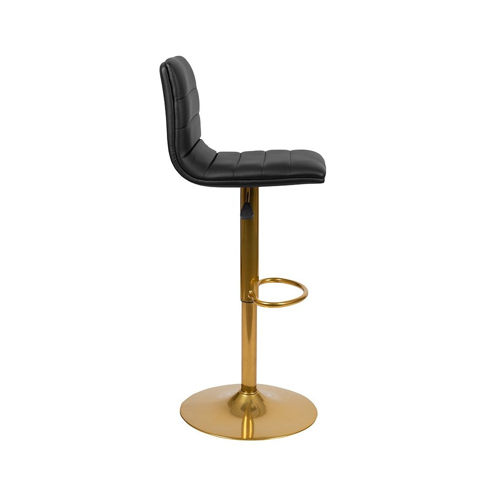 Modern Black Vinyl Adjustable Bar Stool with Back, Counter Height Swivel Stool with Gold Pedestal Base, Set of 2