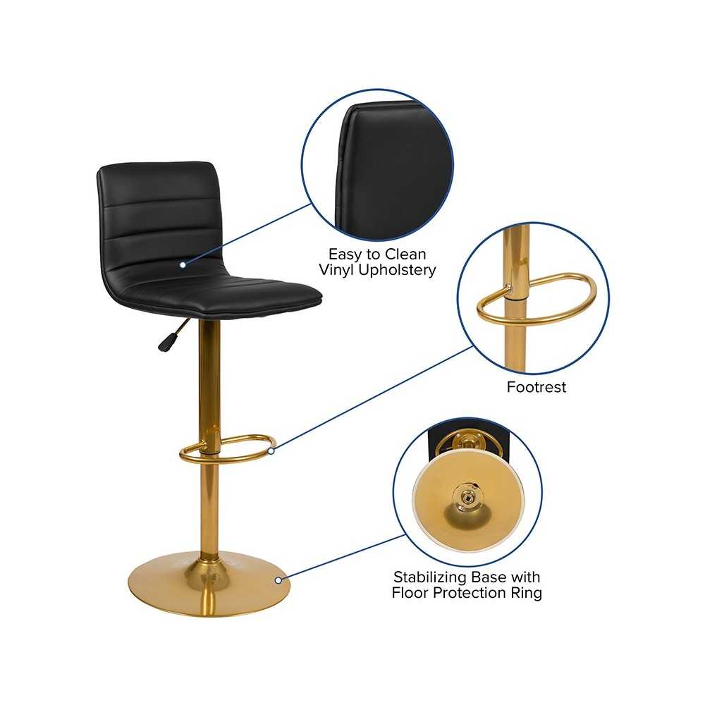 Modern Black Vinyl Adjustable Bar Stool with Back, Counter Height Swivel Stool with Gold Pedestal Base, Set of 2
