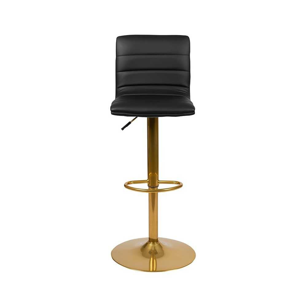 Modern Black Vinyl Adjustable Bar Stool with Back, Counter Height Swivel Stool with Gold Pedestal Base, Set of 2