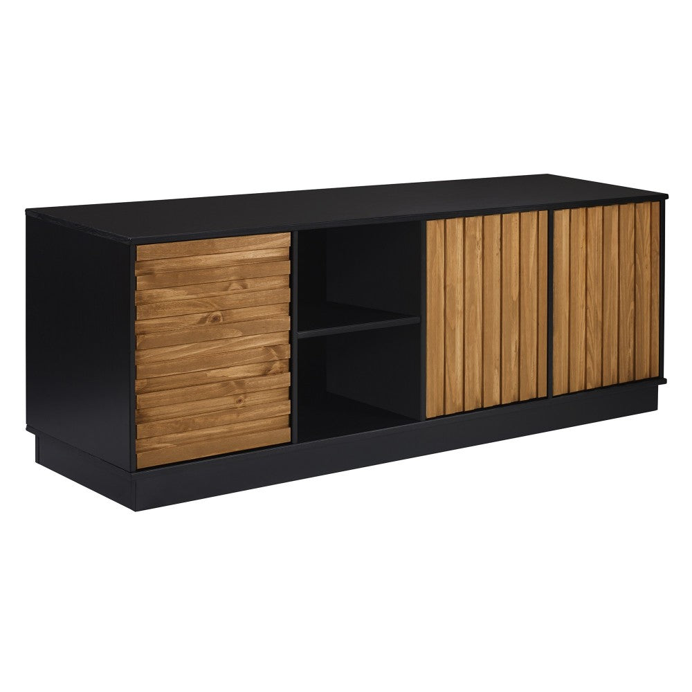 Modern Boho 3 Grooved Door Wood TV Stand for TVs up to 80" - Caramel/Black