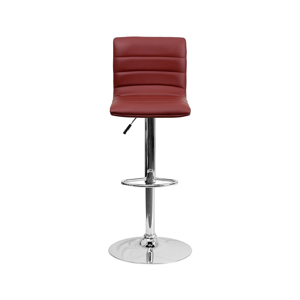 Modern Burgundy Vinyl Adjustable Bar Stool with Back, Counter Height Swivel Stool with Chrome Pedestal Base