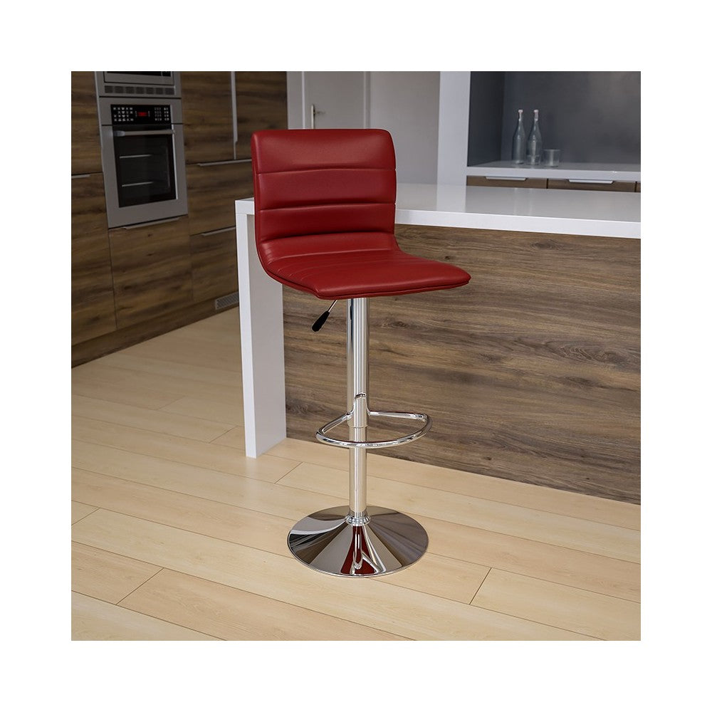 Modern Burgundy Vinyl Adjustable Bar Stool with Back, Counter Height Swivel Stool with Chrome Pedestal Base