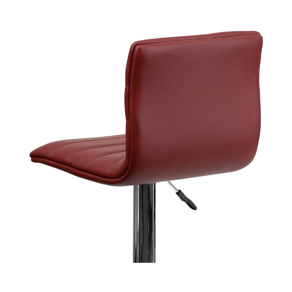Modern Burgundy Vinyl Adjustable Bar Stool with Back, Counter Height Swivel Stool with Chrome Pedestal Base