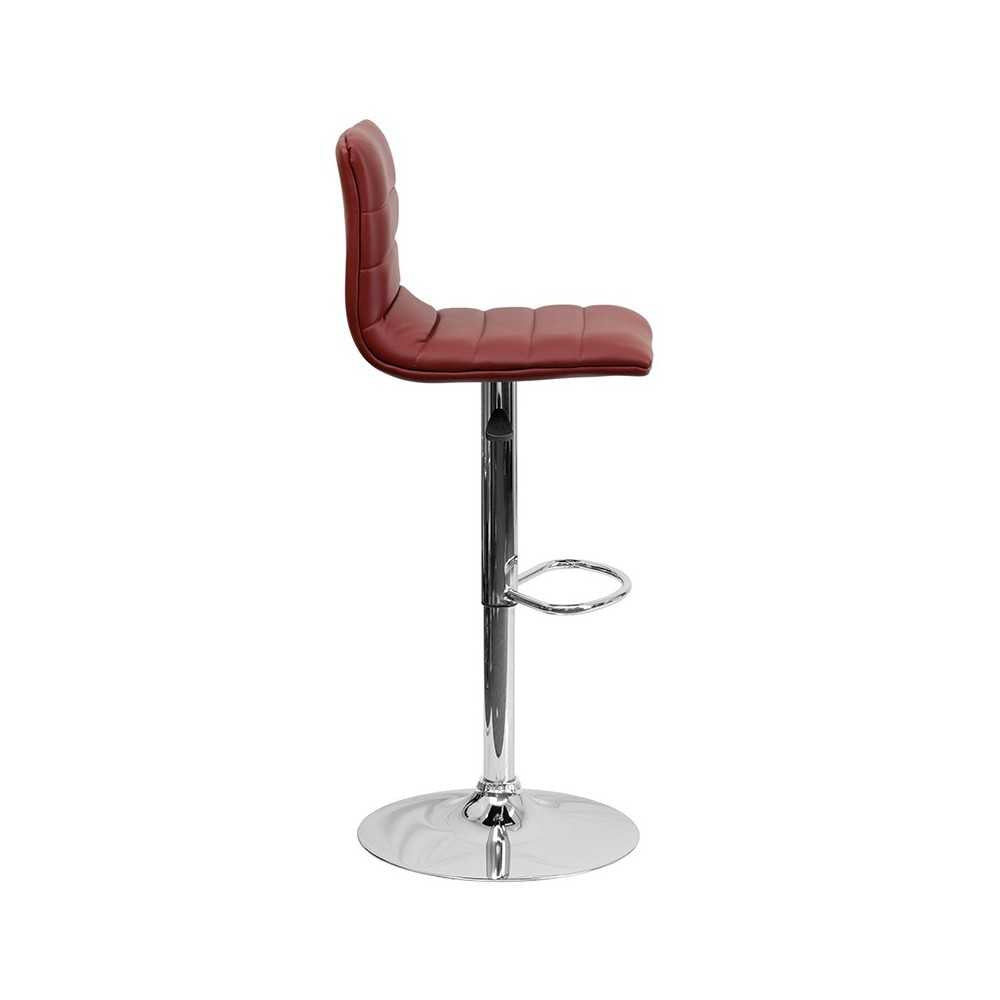 Modern Burgundy Vinyl Adjustable Bar Stool with Back, Counter Height Swivel Stool with Chrome Pedestal Base