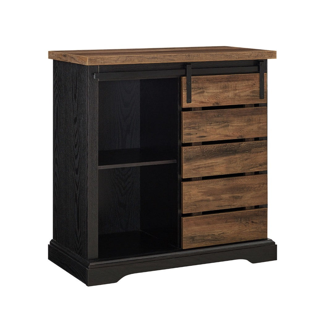 Modern Farmhouse Sliding Slat-Door Accent Cabinet - Black/Rustic Oak