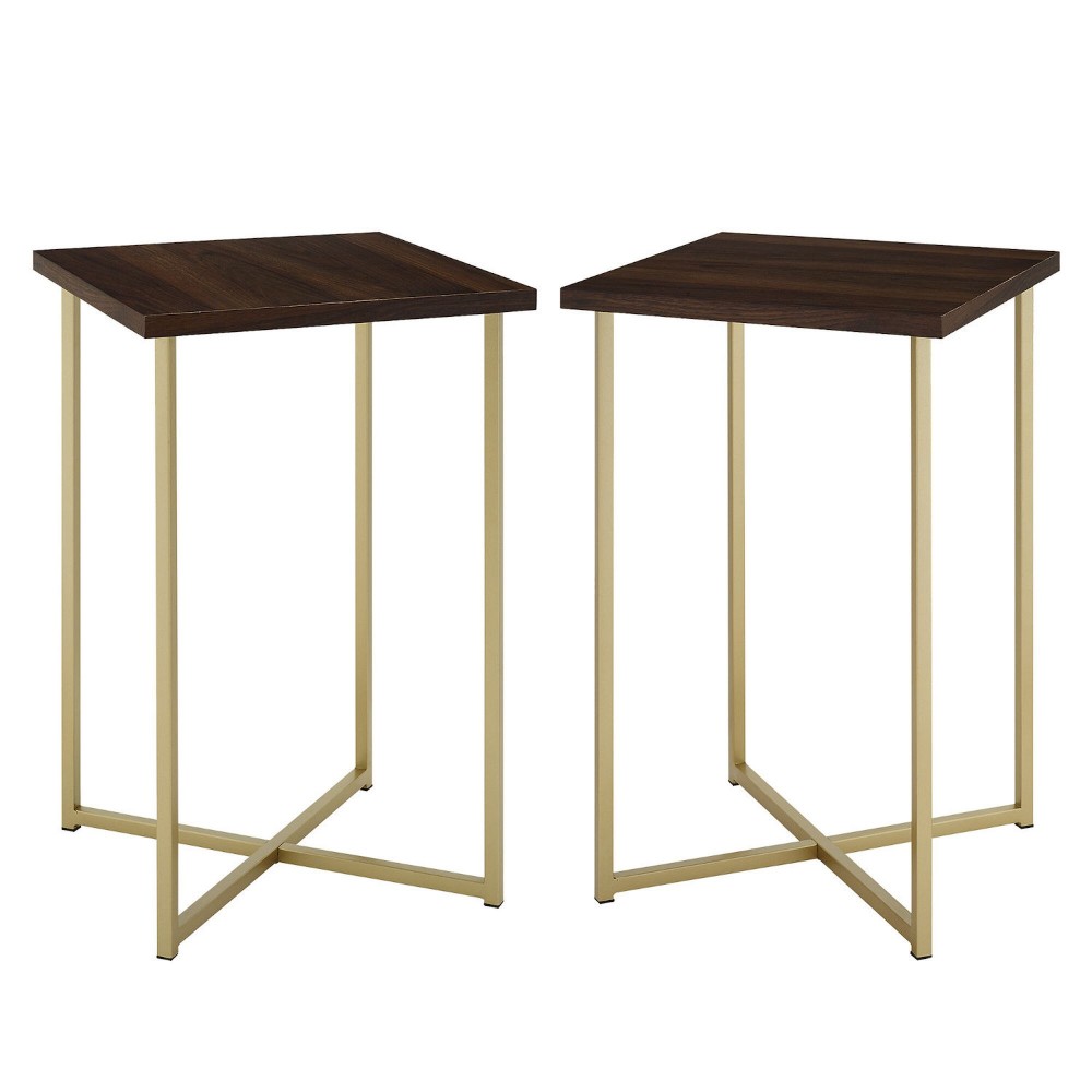 Modern Glam 2-Piece Metal and Wood Square Accent Tables - Dark Walnut/Gold