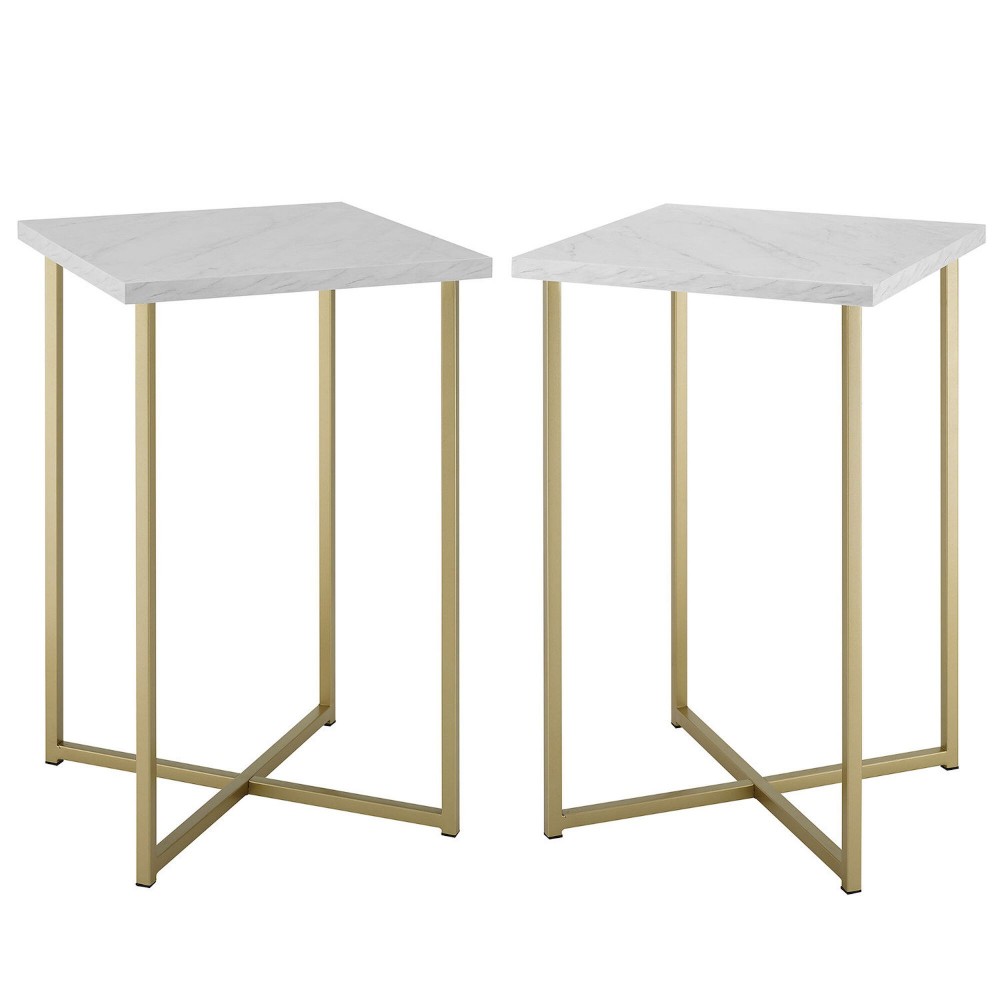 Modern Glam 2-Piece Metal and Wood Square Accent Tables - Faux White Marble/Gold