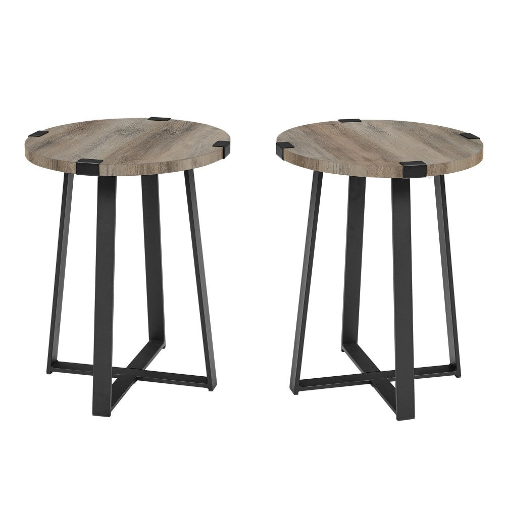 Modern Industrial 2-Piece Metal Wrap Side Table Set - Gray Wash
