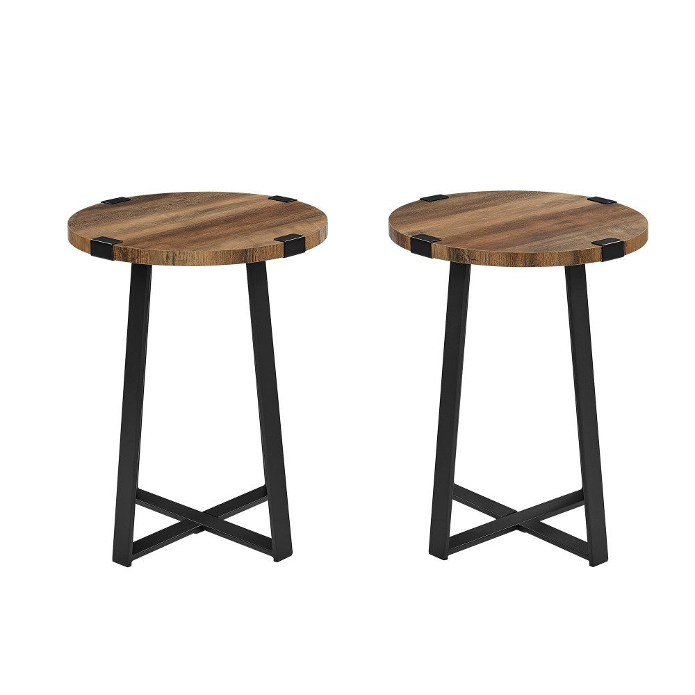 Modern Industrial 2-Piece Metal Wrap Side Table Set - Rustic Oak