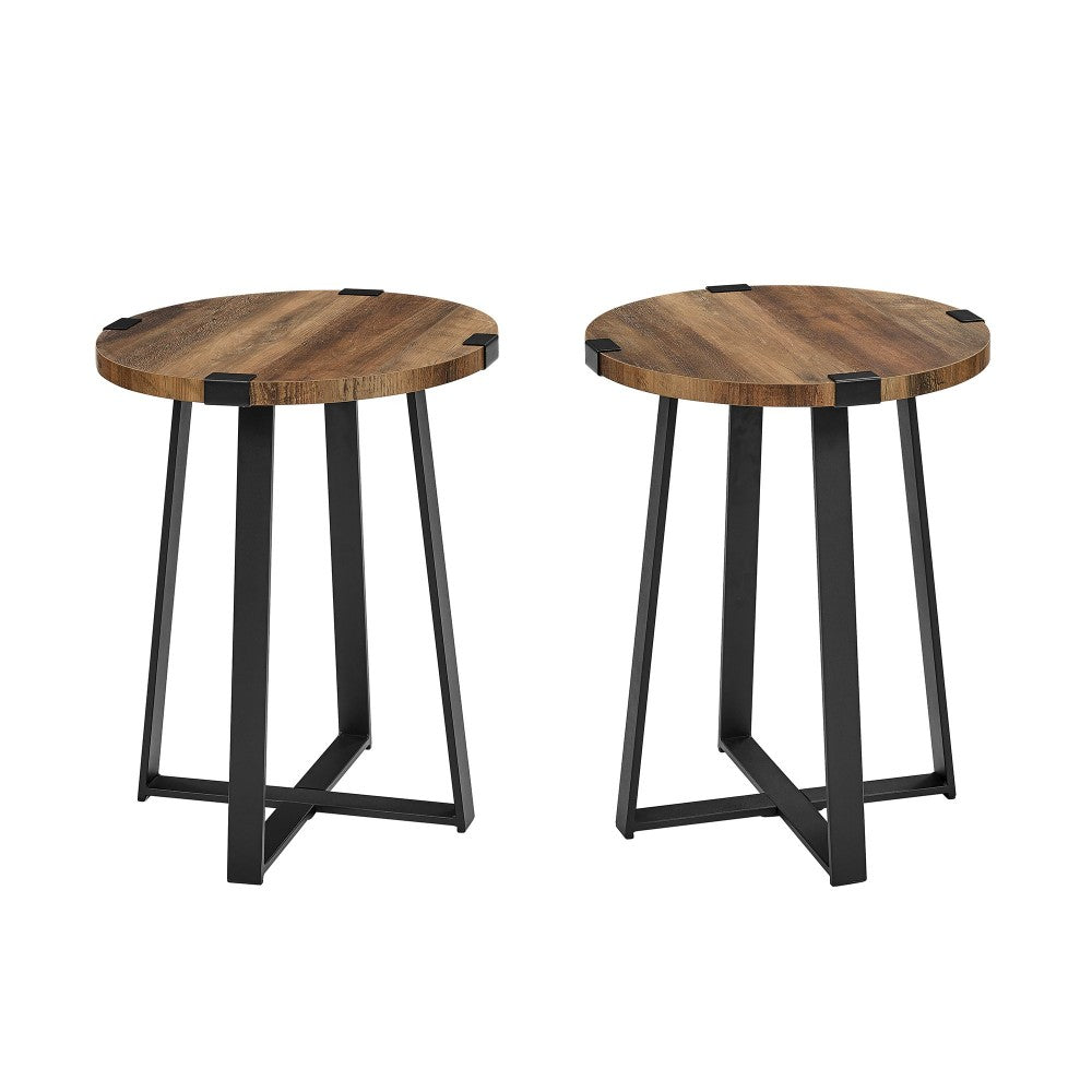 Modern Industrial 2-Piece Metal Wrap Side Table Set - Rustic Oak