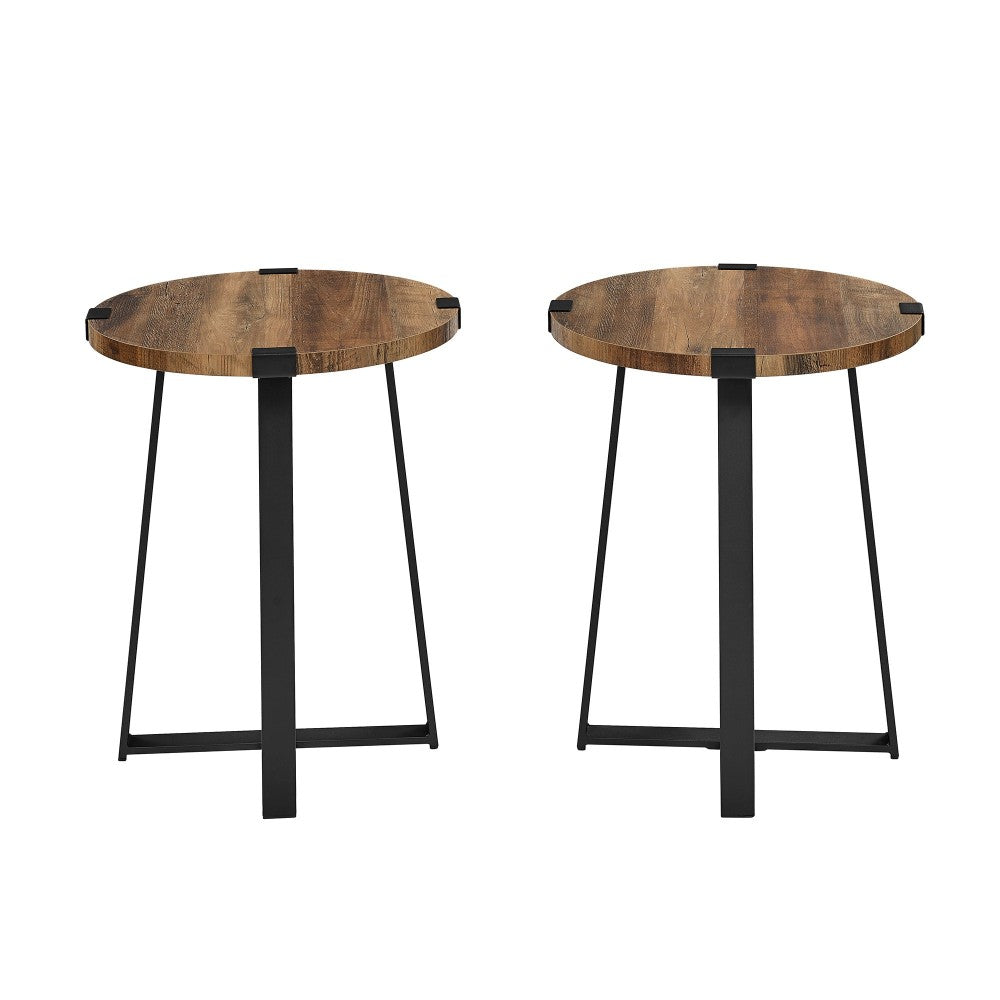 Modern Industrial 2-Piece Metal Wrap Side Table Set - Rustic Oak