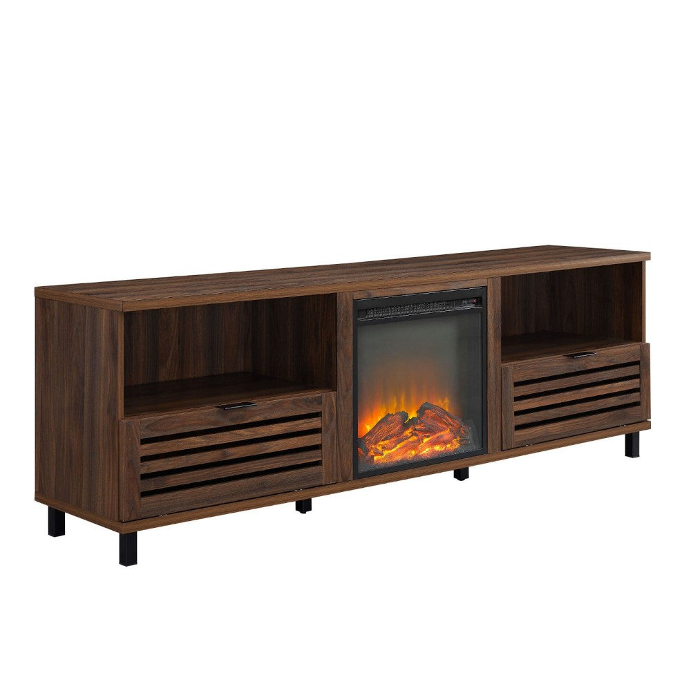 Modern Pull-Down Slat-Door Fireplace TV Stand for TVs up to 80" - Dark Walnut