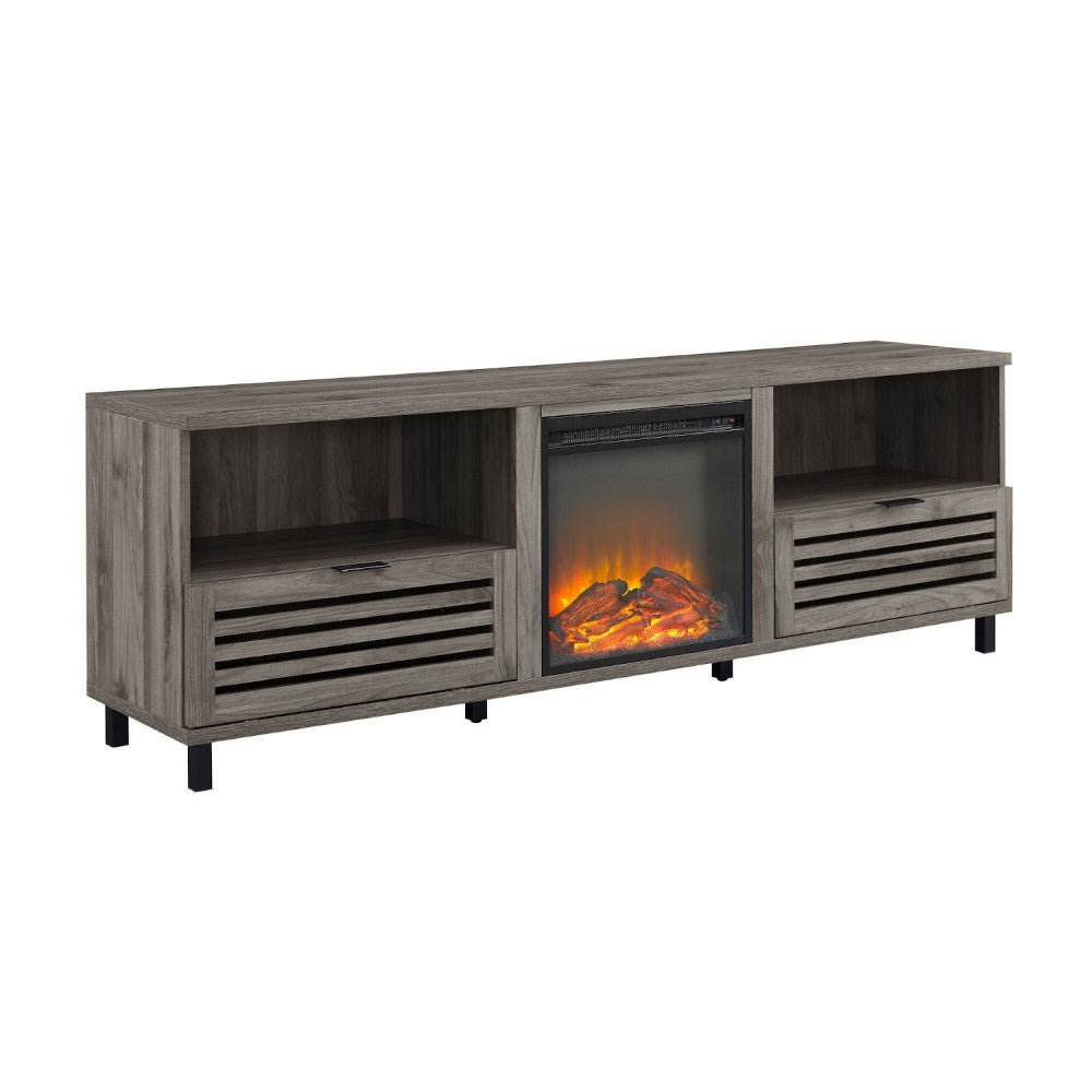 Modern Pull-Down Slat-Door Fireplace TV Stand for TVs up to 80" - Slate Gray