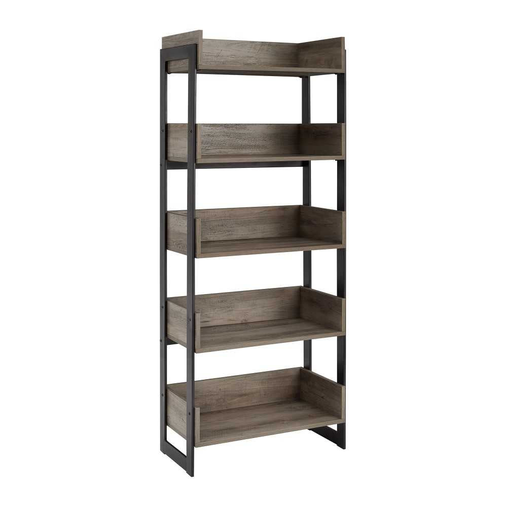 Morty 64" Metal and Wood 5 Shelf Bookshelf - Gray Wash