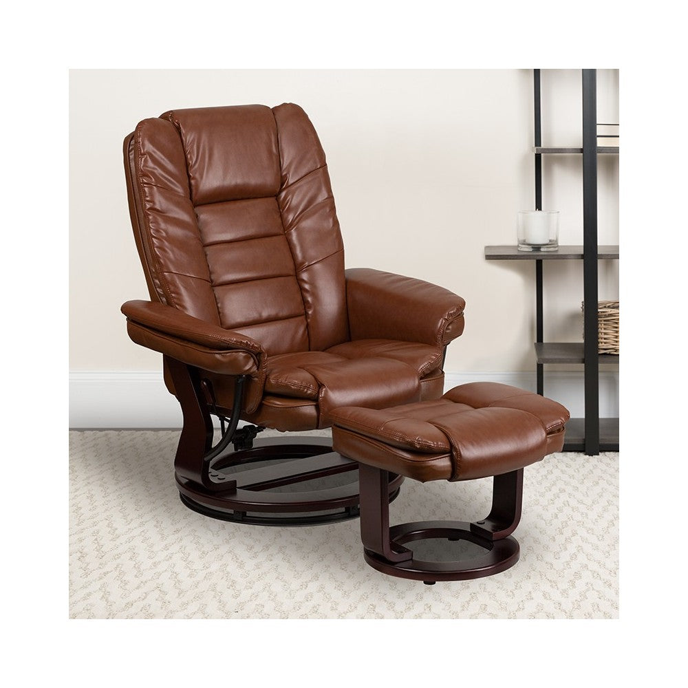 Multi-Position Recliner with Horizontal Stitching and Ottoman with Swivel Mahogany Wood Base in Brown Vintage Leather