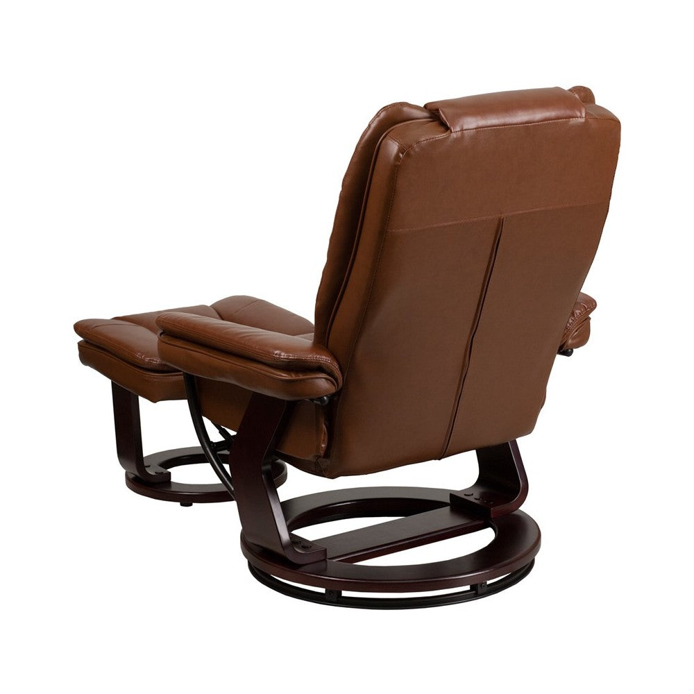 Multi-Position Recliner with Horizontal Stitching and Ottoman with Swivel Mahogany Wood Base in Brown Vintage Leather