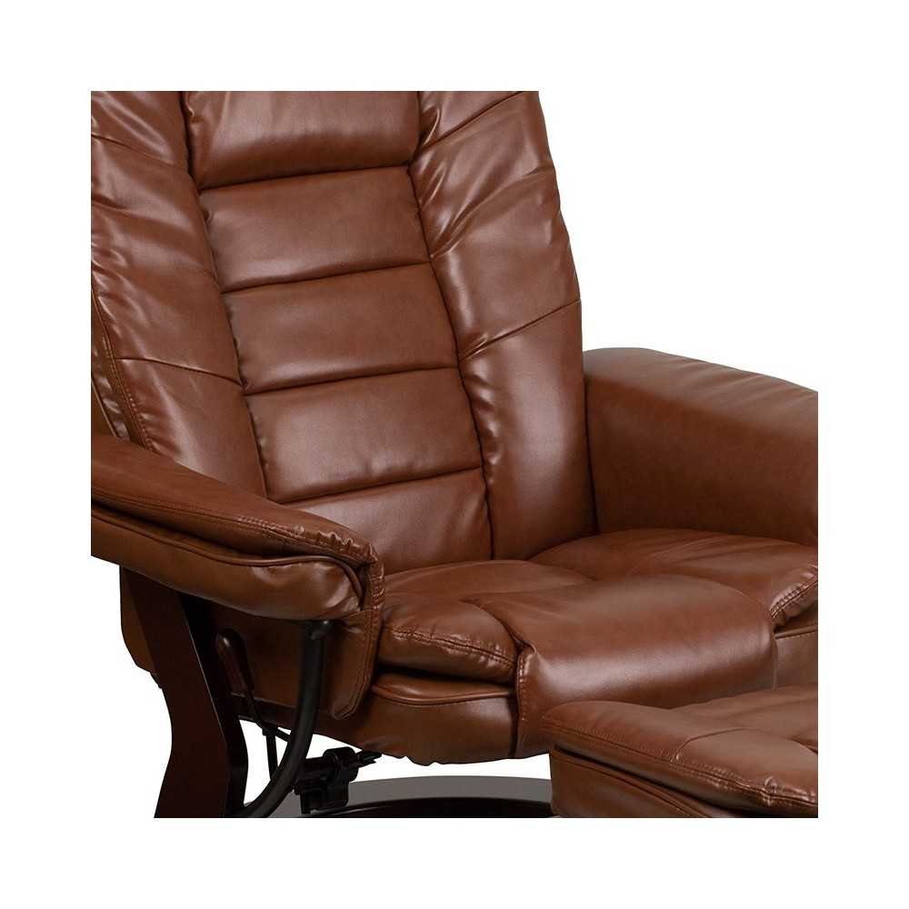 Multi-Position Recliner with Horizontal Stitching and Ottoman with Swivel Mahogany Wood Base in Brown Vintage Leather