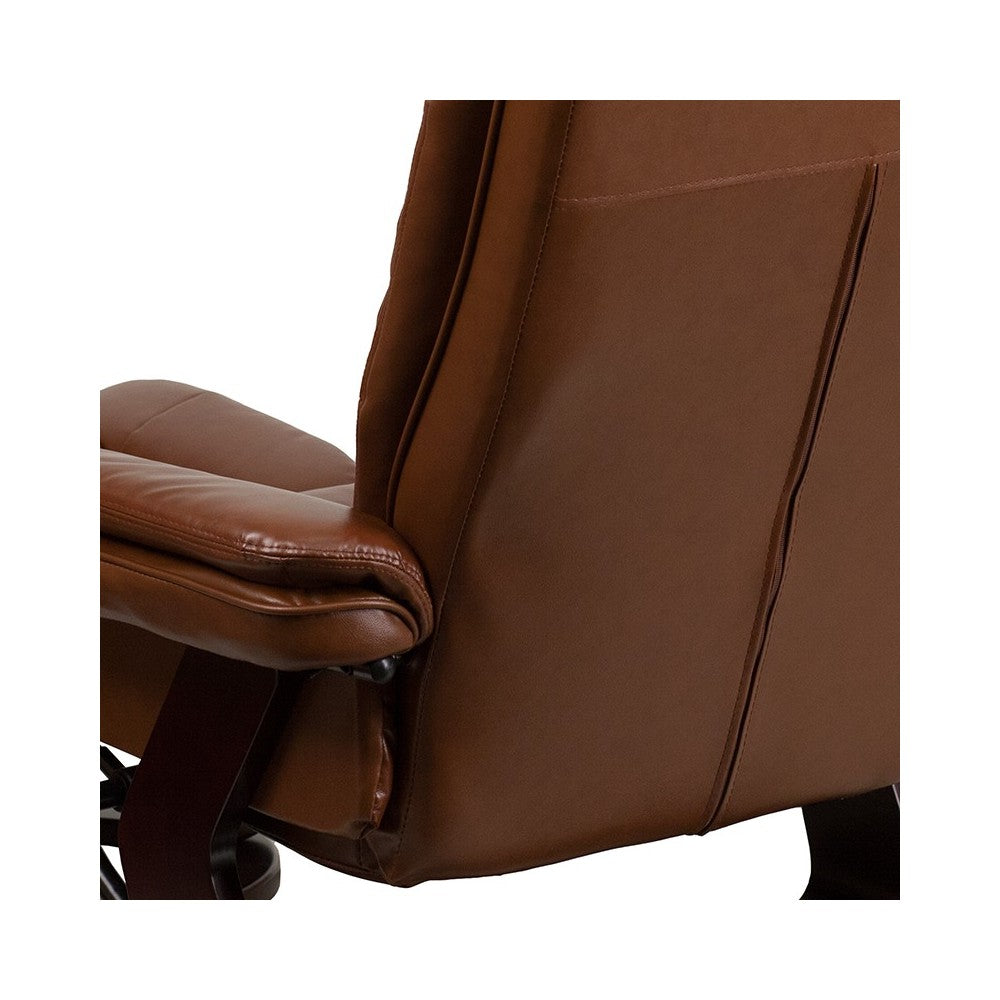 Multi-Position Recliner with Horizontal Stitching and Ottoman with Swivel Mahogany Wood Base in Brown Vintage Leather