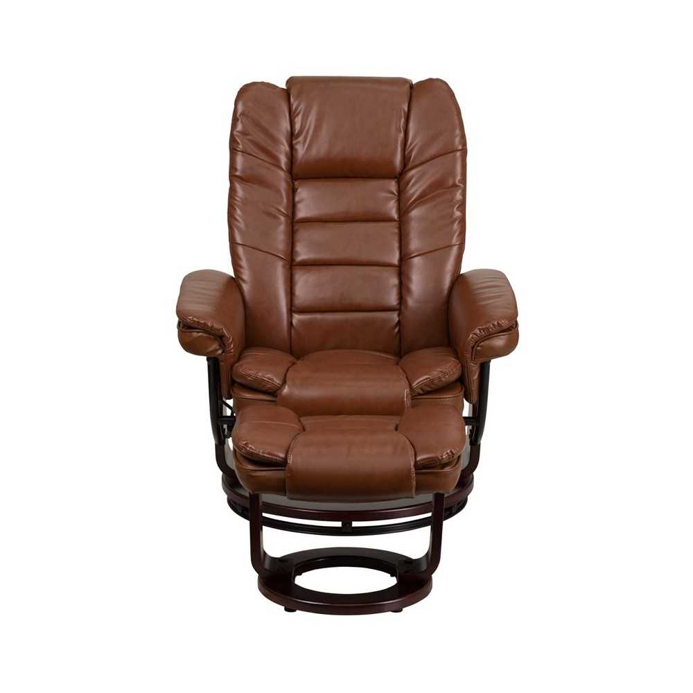 Multi-Position Recliner with Horizontal Stitching and Ottoman with Swivel Mahogany Wood Base in Brown Vintage Leather