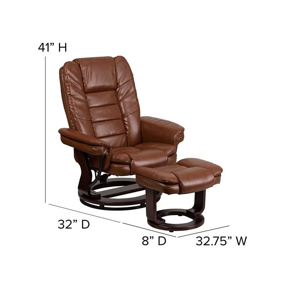 Multi-Position Recliner with Horizontal Stitching and Ottoman with Swivel Mahogany Wood Base in Brown Vintage Leather