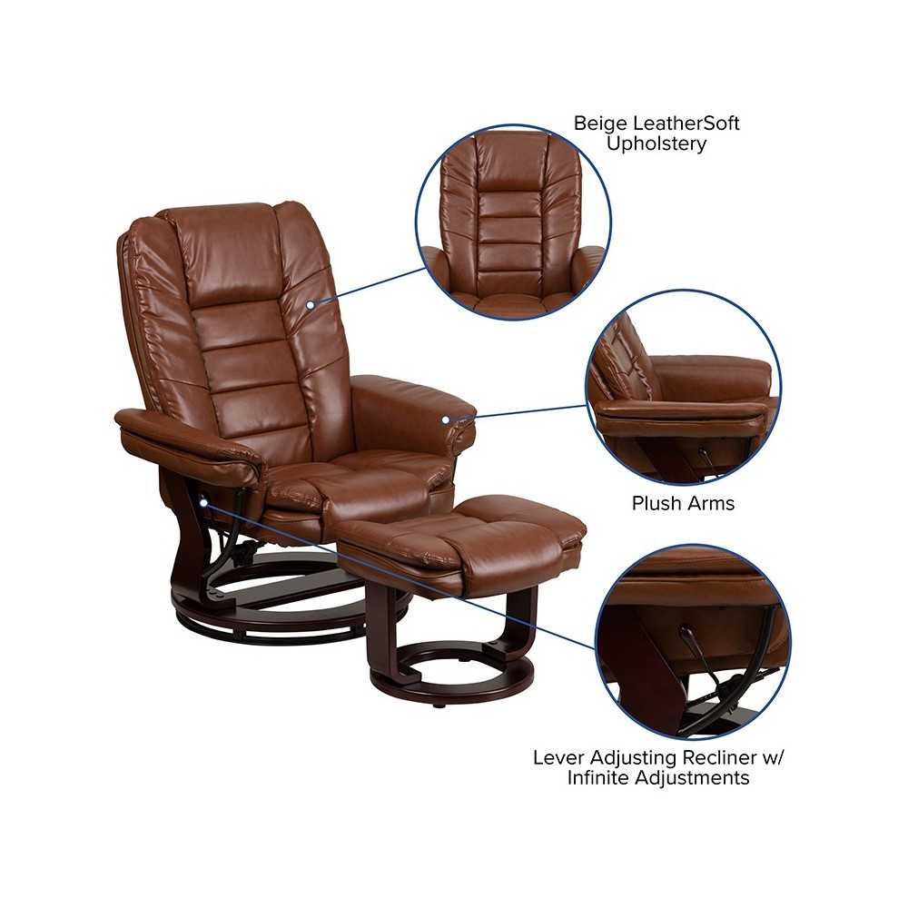 Multi-Position Recliner with Horizontal Stitching and Ottoman with Swivel Mahogany Wood Base in Brown Vintage Leather