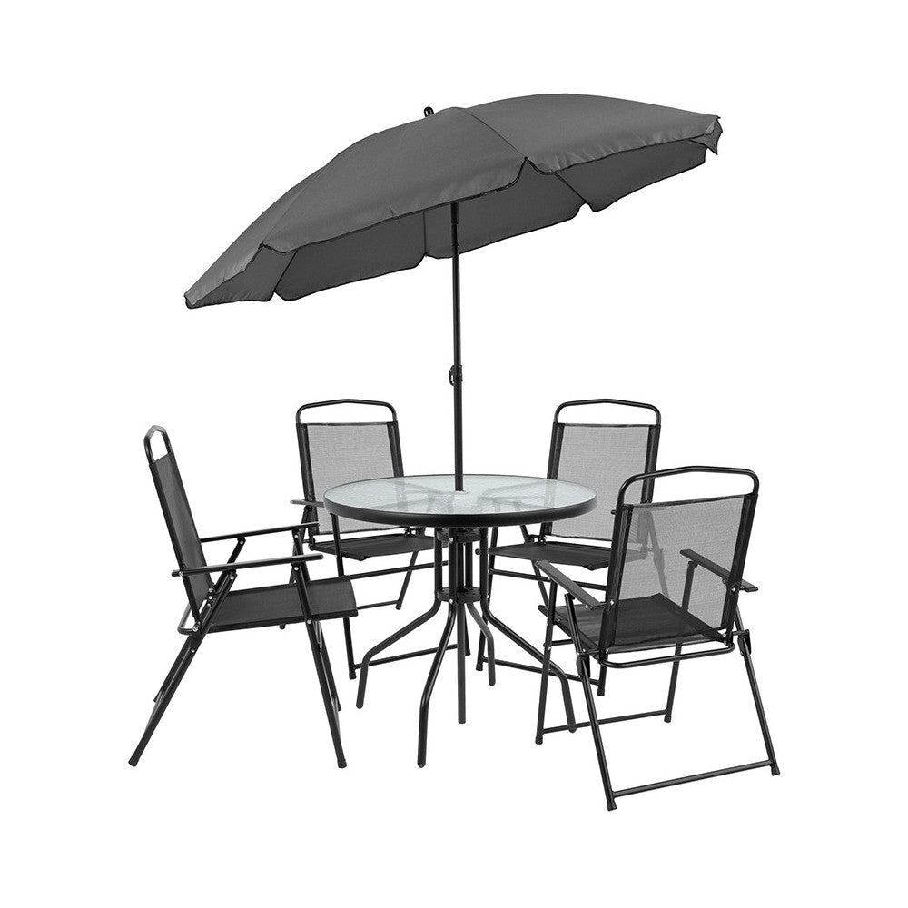 Nantucket 6 Piece Black Patio Garden Set with Table, Umbrella and 4 Folding Chairs