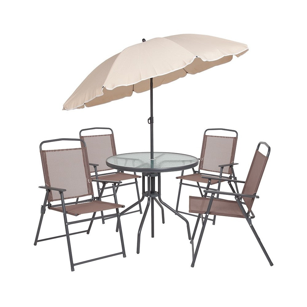 Nantucket 6 Piece Brown Patio Garden Set with Table, Tan Umbrella and 4 Folding Chairs