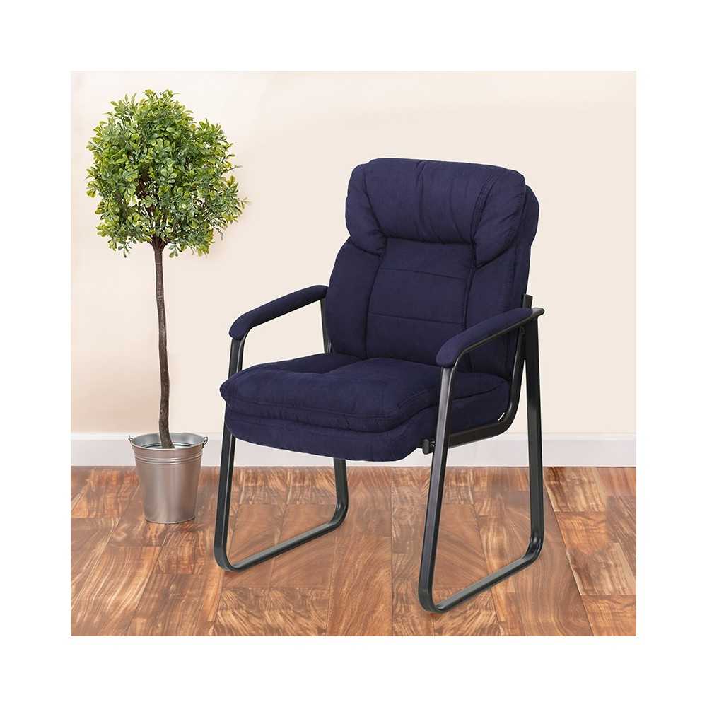 Navy Microfiber Executive Side Reception Chair with Lumbar Support and Sled Base