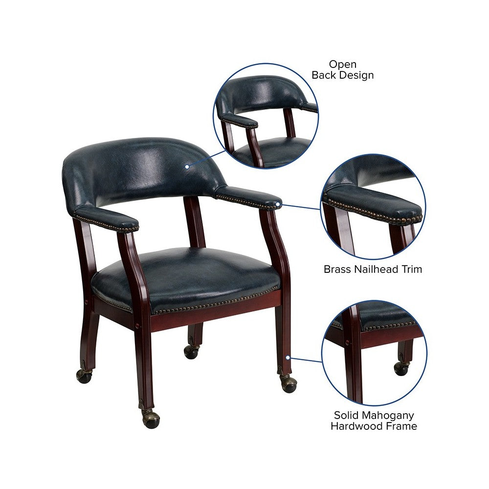 Navy Vinyl Luxurious Conference Chair with Accent Nail Trim and Casters