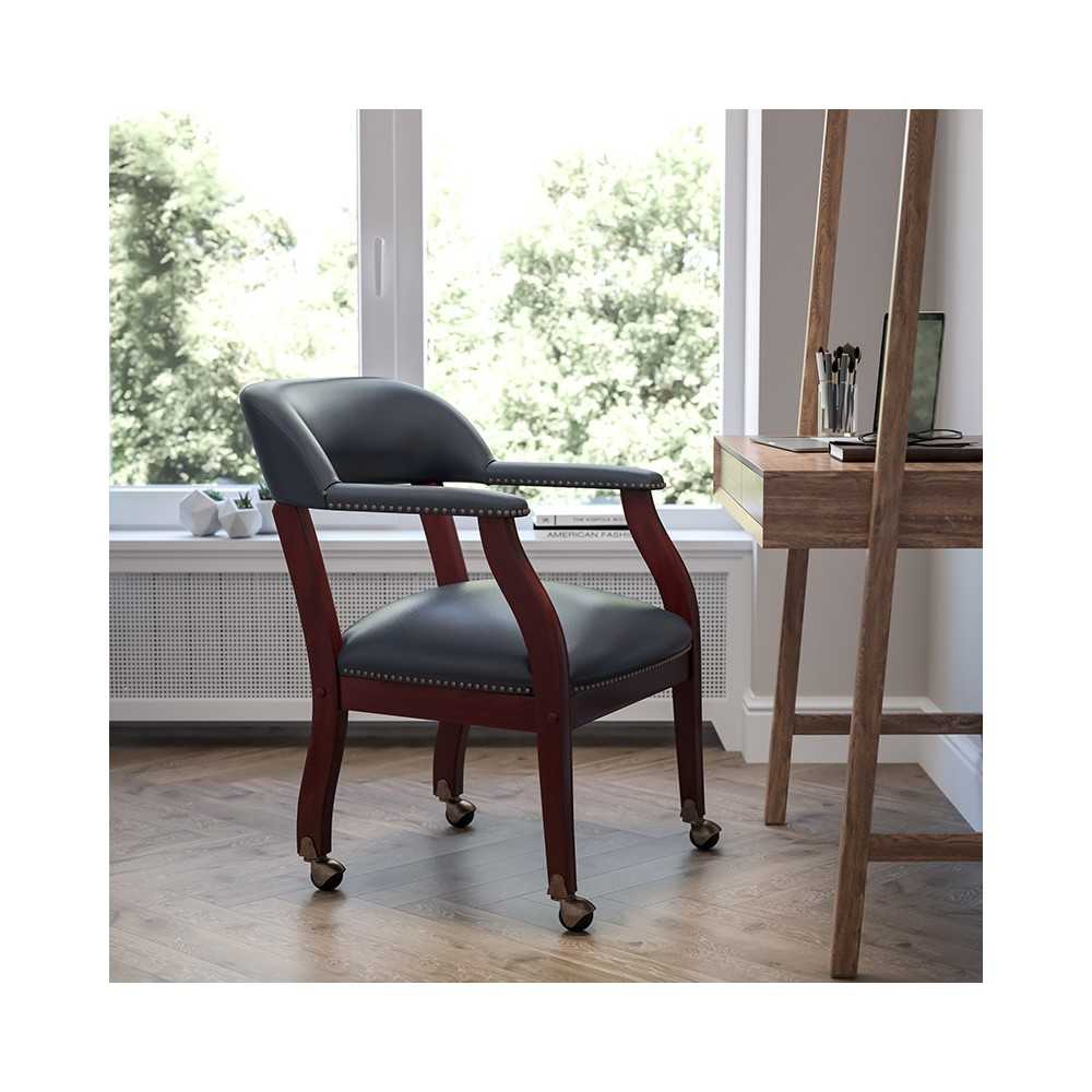 Navy Vinyl Luxurious Conference Chair with Accent Nail Trim and Casters