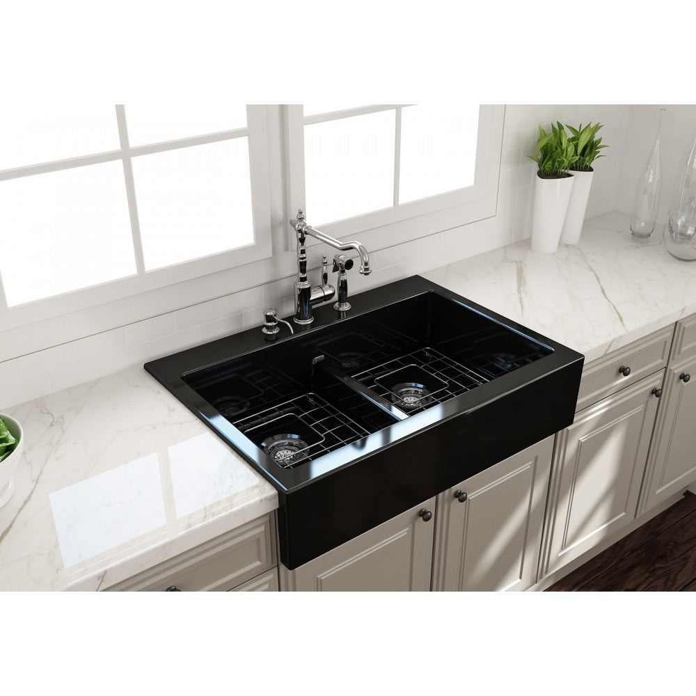 Nuova Apron Front Drop-In Fireclay 34 in. 50/50 Double Bowl Kitchen Sink with Protective Bottom Grids and Strainers in Black