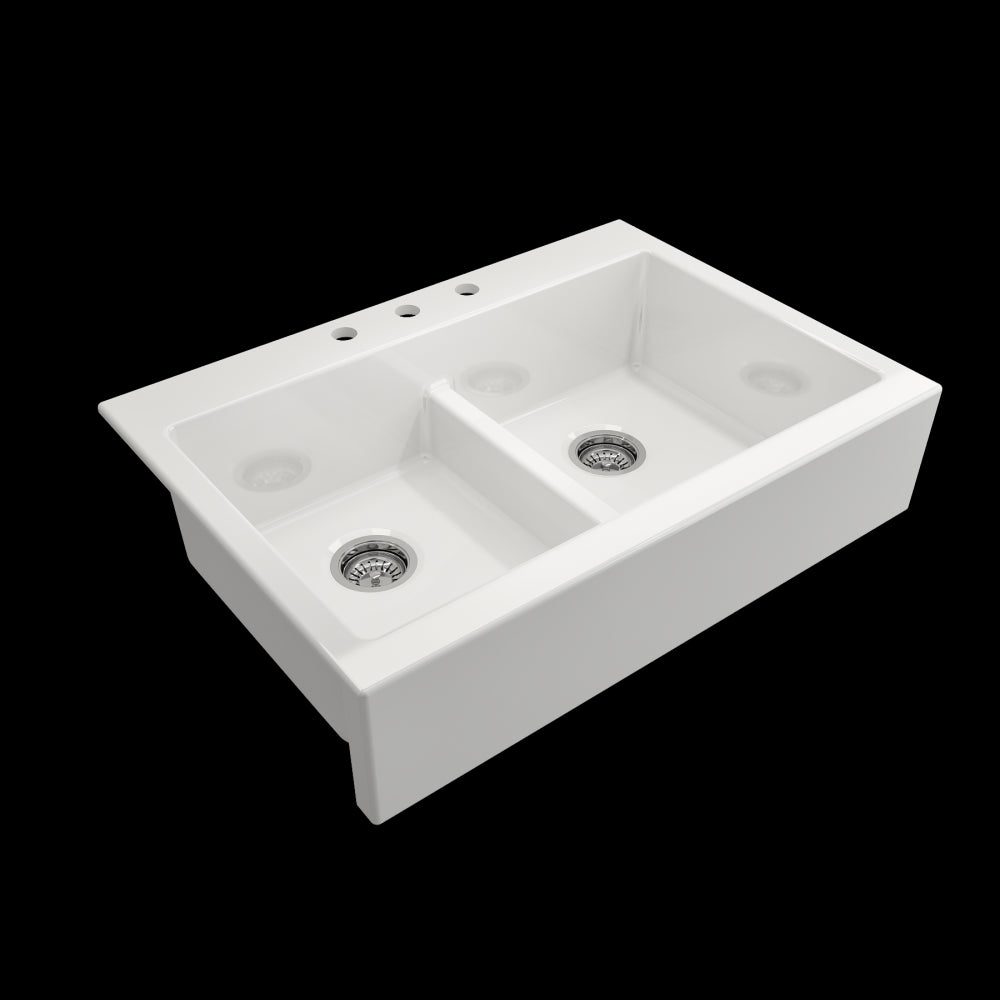 Nuova Apron Front Drop-In Fireclay 34 in. 50/50 Double Bowl Kitchen Sink with Protective Bottom Grids and Strainers in White