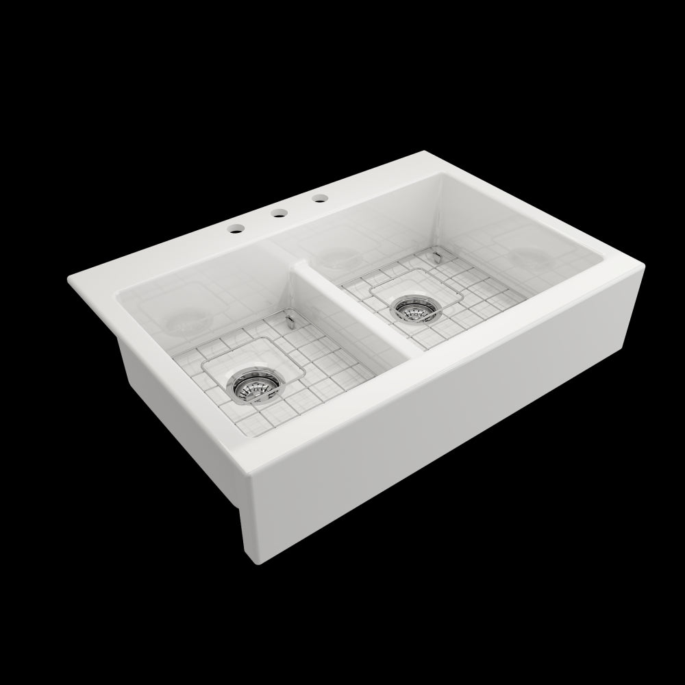Nuova Apron Front Drop-In Fireclay 34 in. 50/50 Double Bowl Kitchen Sink with Protective Bottom Grids and Strainers in White