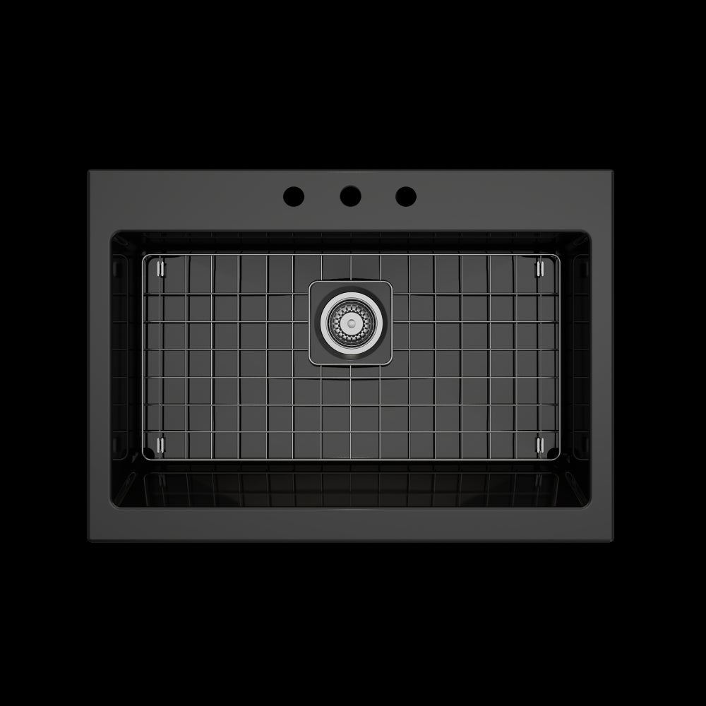 Nuova Apron Front Drop-In Fireclay 34 in. Single Bowl Kitchen Sink with Protective Bottom Grid and Strainer in Black