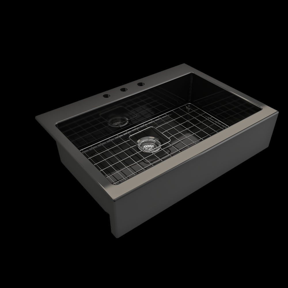 Nuova Apron Front Drop-In Fireclay 34 in. Single Bowl Kitchen Sink with Protective Bottom Grid and Strainer in Black