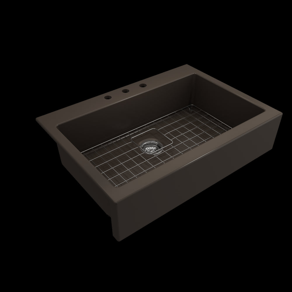 Nuova Apron Front Drop-In Fireclay 34 in. Single Bowl Kitchen Sink with Protective Bottom Grid and Strainer in Matte Brown