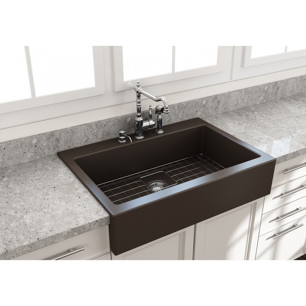 Nuova Apron Front Drop-In Fireclay 34 in. Single Bowl Kitchen Sink with Protective Bottom Grid and Strainer in Matte Brown